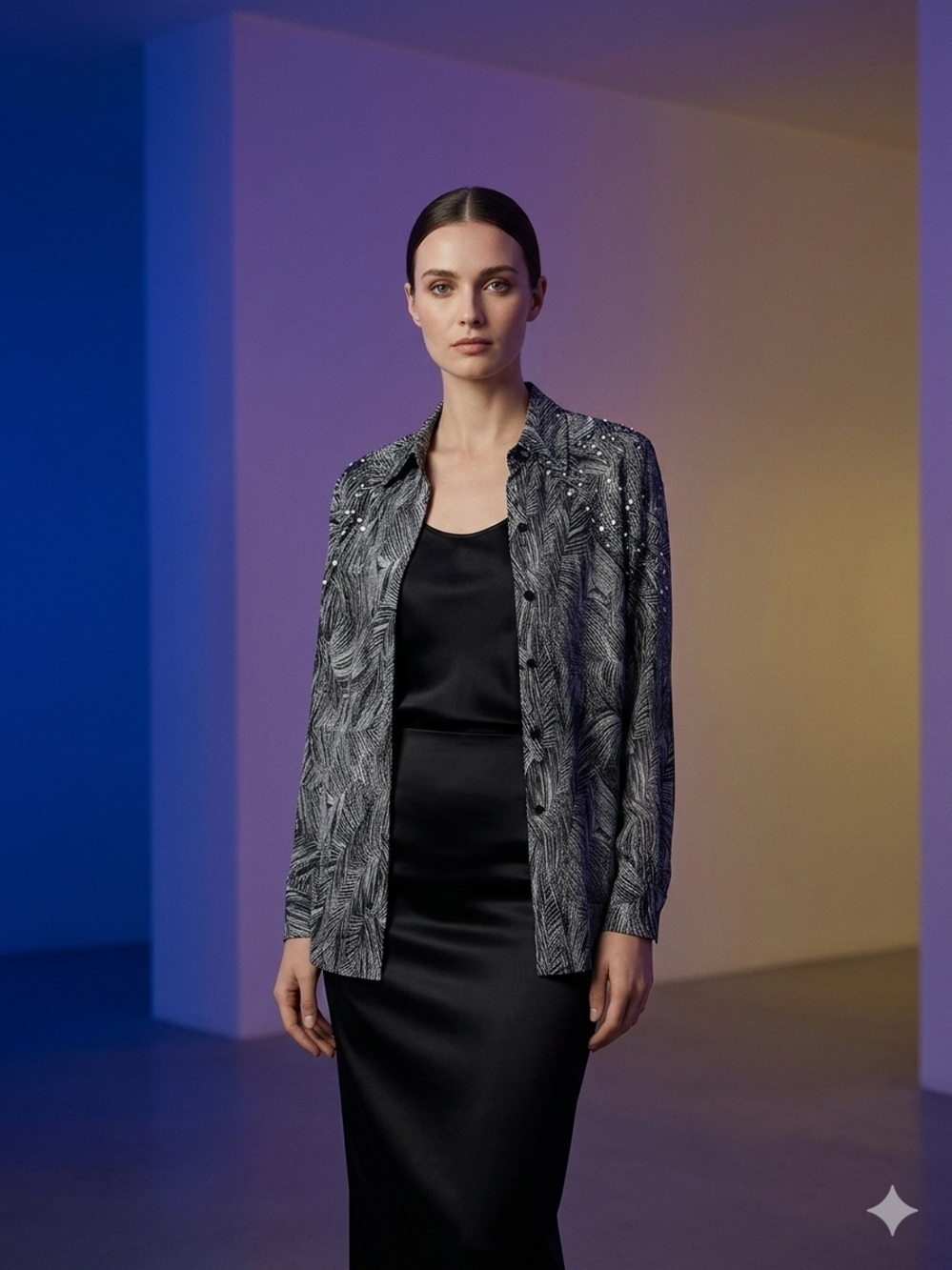 Brittany Black Black and White Patterned Blouse with Black Camisole